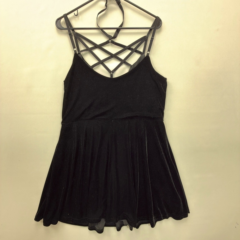 Killstar Dress Women XXL Pentagram Strappy Velvet Black Solid Skater Gothic - Picture 2 of 7